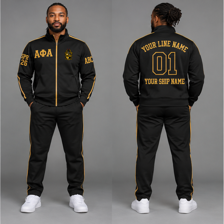 Alpha Phi Alpha Black and Old Gold personalized track suit on an adult model, original supplied crest and ΑΦΑ letters, sample line name, line number 01, ship name, crossing year and chapter initials.