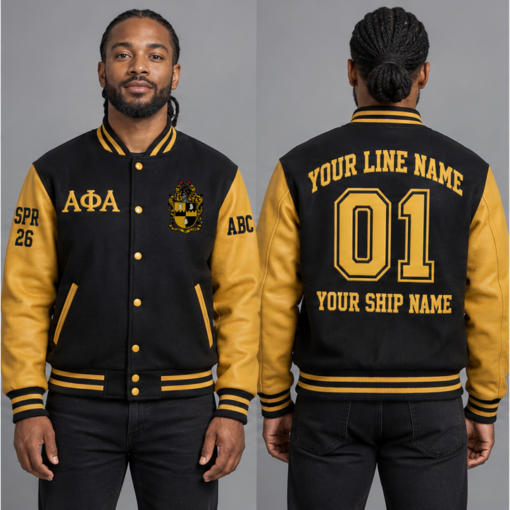 Alpha Phi Alpha Black and Old Gold personalized wool varsity jacket on an adult model, original supplied crest and ΑΦΑ letters, sample line name, line number 01, ship name, crossing year and chapter initials.