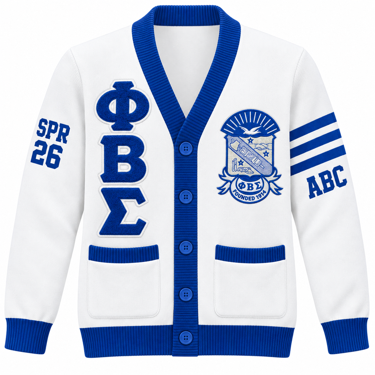 Phi Beta Sigma Custom Embroidered Cardigan | White & Royal Blue — front customization example