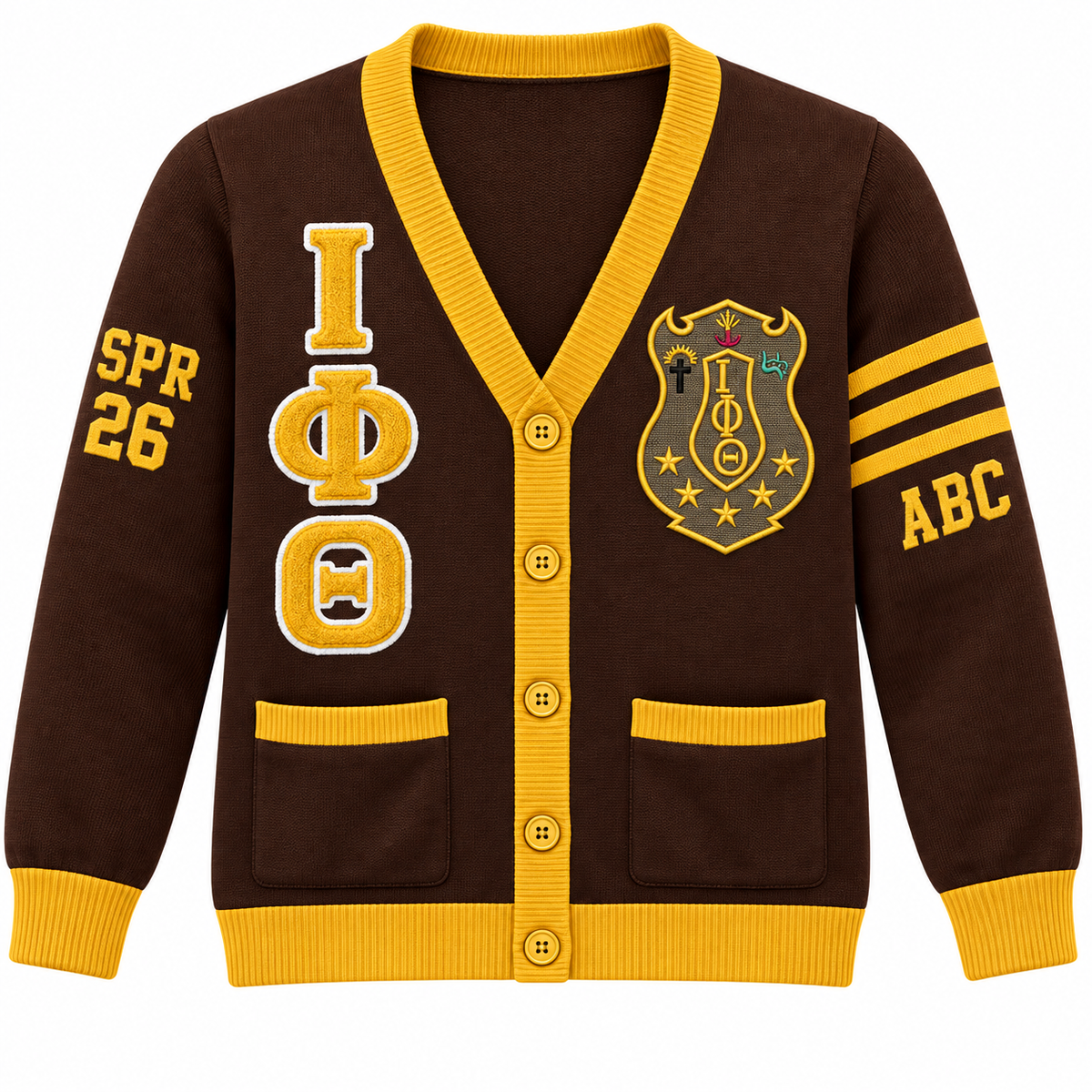 Iota Phi Theta Custom Embroidered Cardigan | Brown & Gold — front customization example