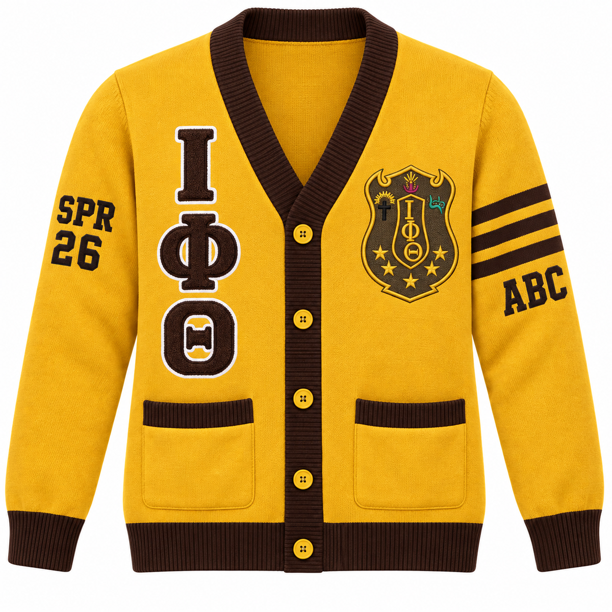 Iota Phi Theta Custom Embroidered Cardigan | Gold & Brown — front customization example