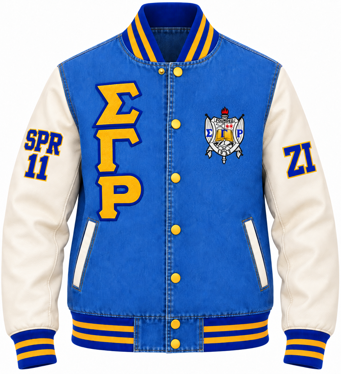Sigma Gamma Rho Custom Embroidered Denim & Leather Varsity Jacket – Personalized — front customization example