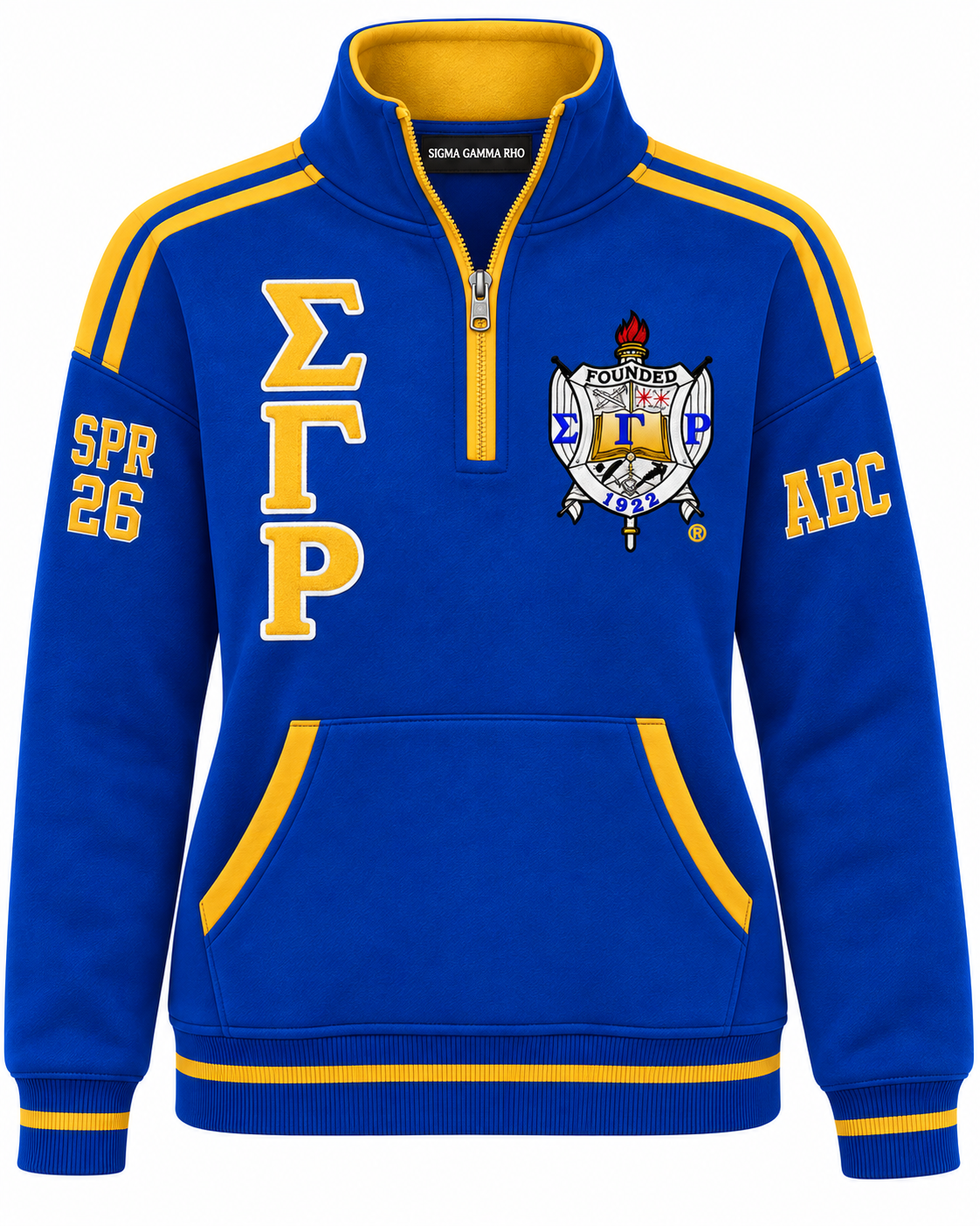 Sigma Gamma Rho Custom Embroidered Quarter Zip Pullover | Royal Blue & Gold — front customization example