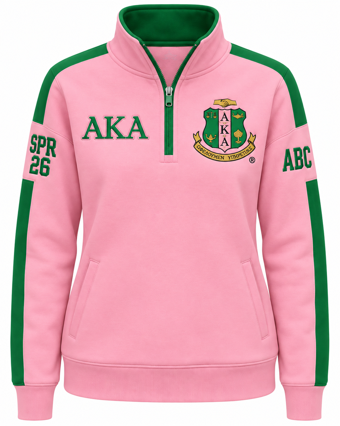 Alpha Kappa Alpha Custom Embroidered Quarter-Zip Pullover | Pink & Green — front customization example