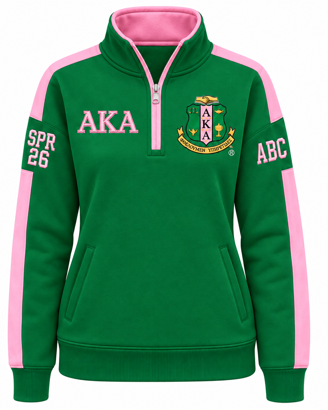 Alpha Kappa Alpha Custom Embroidered Quarter Zip Pullover | Green & Pink — front customization example