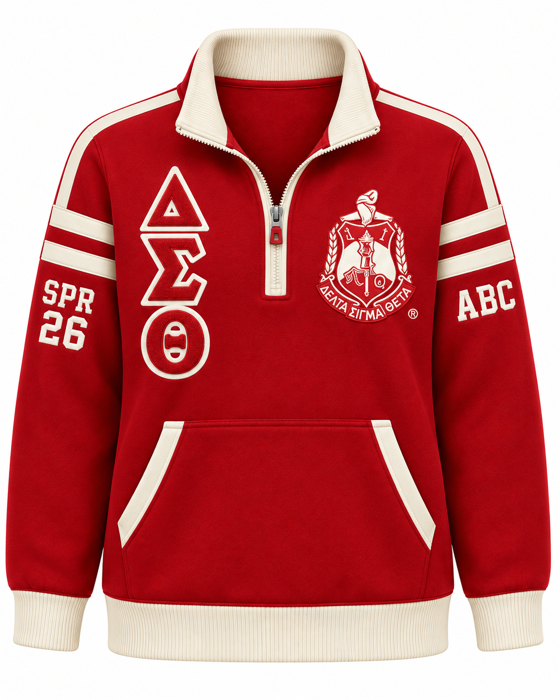 Delta Sigma Theta Custom Embroidered Quarter-Zip Pullover | Crimson & Cream — front customization example