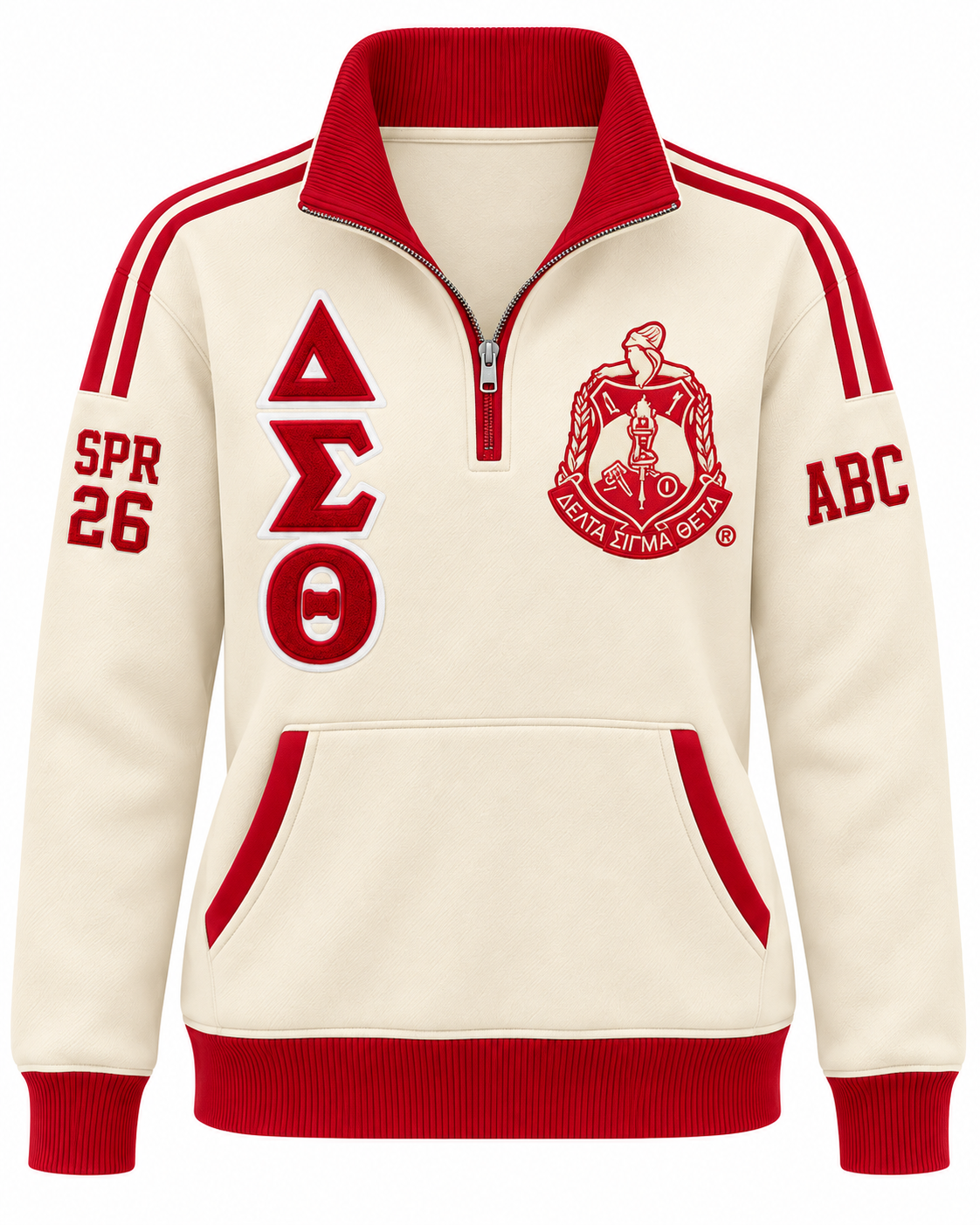 Delta Sigma Theta Custom Embroidered Quarter Zip Pullover | Cream & Crimson — front customization example