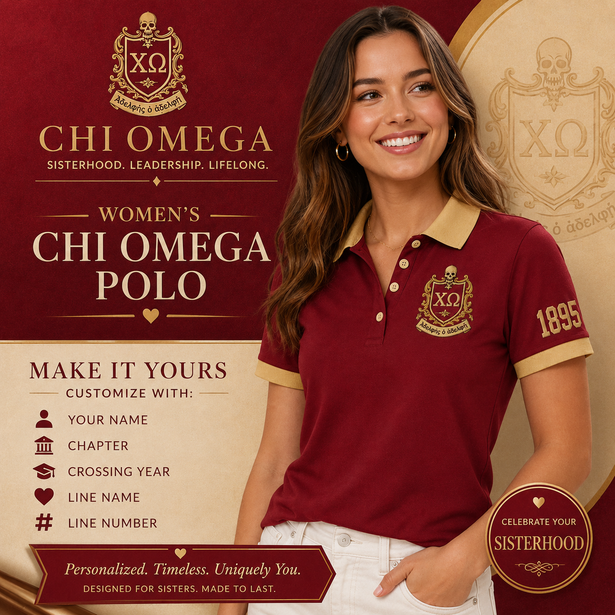 2 Tone Cardinal & Straw Chi Omega Custom Embroidered Polo Shirt – Personalized