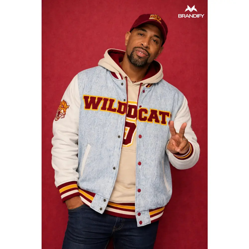 Custom Custom Bethune-Cookman Denim Bomber Jacket | Custom D9 personalized Greek apparel design