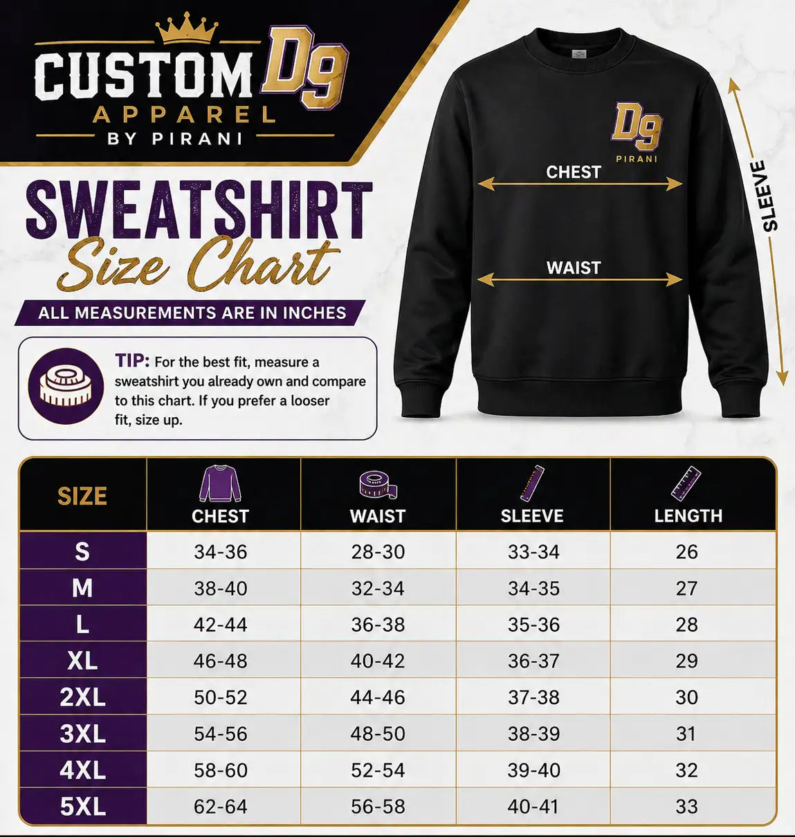 Black sweatshirt with gold ’dg pirani’ logo on the chest
