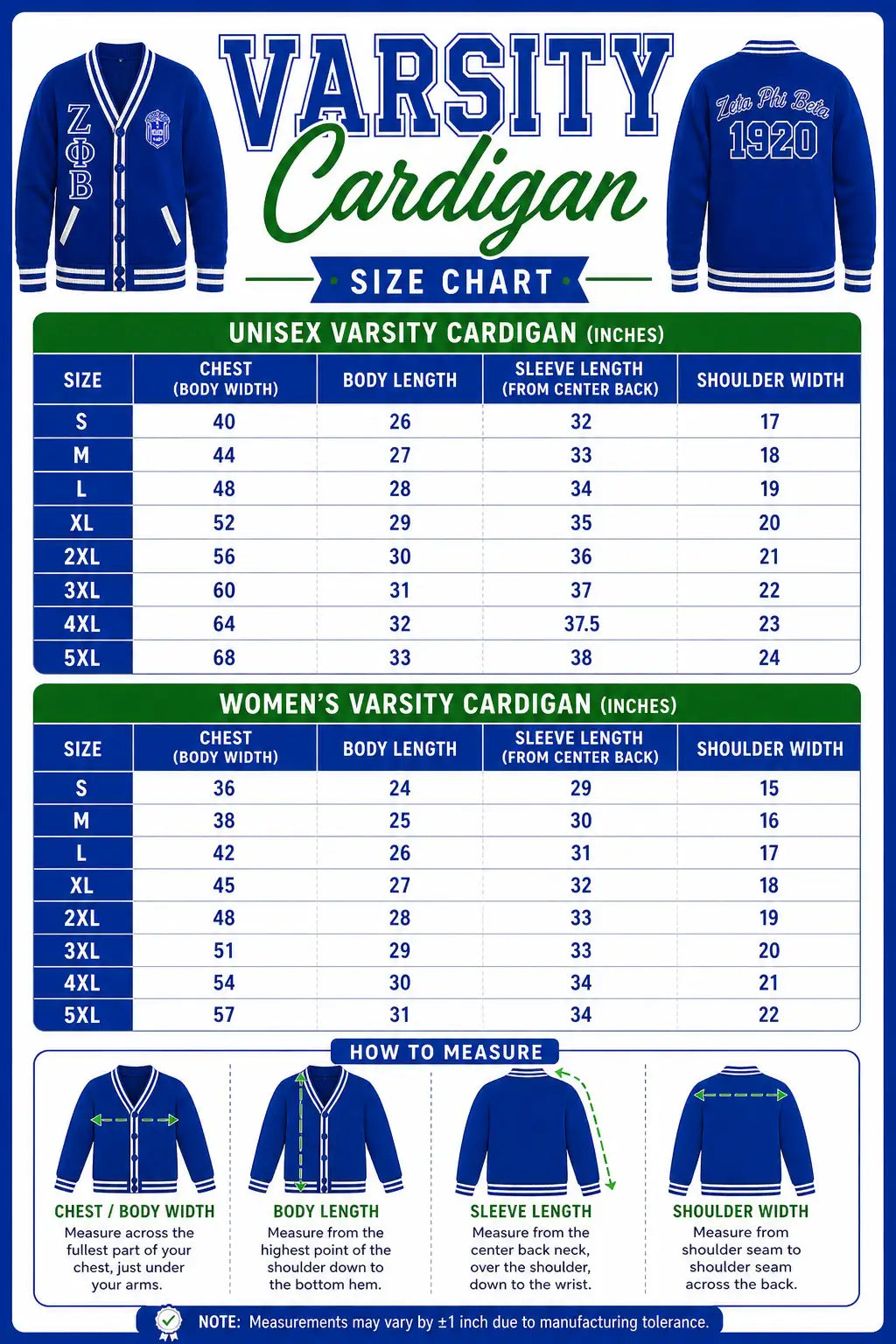 Blue varsity cardigan with white trim and embroidered lettering.