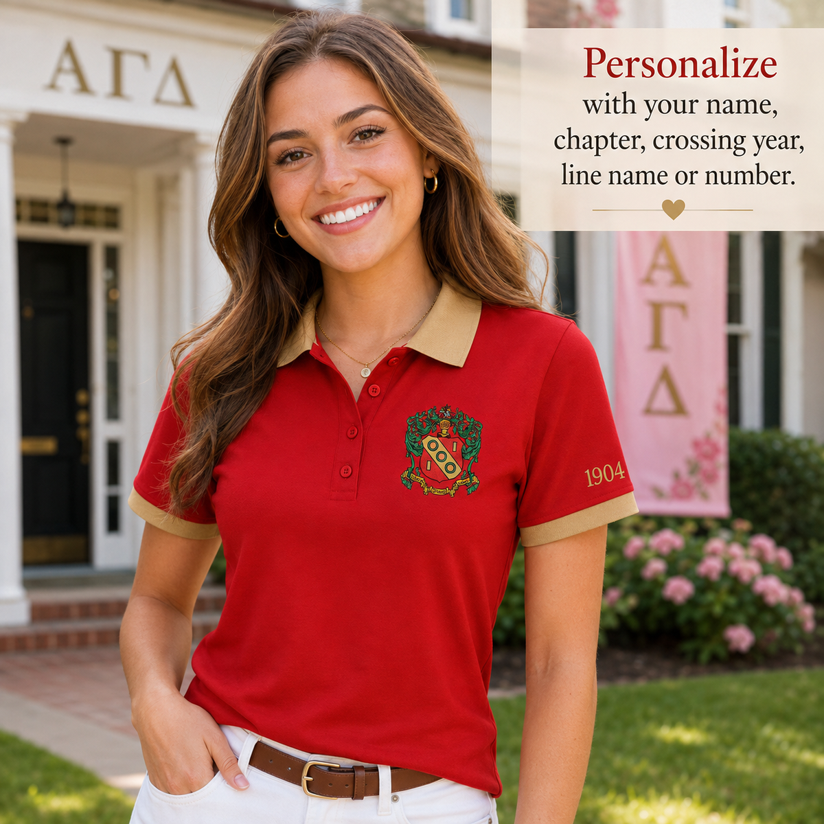 2 Tone Red & Buff Alpha Gamma Delta Custom Embroidered Polo Shirt – Personalized