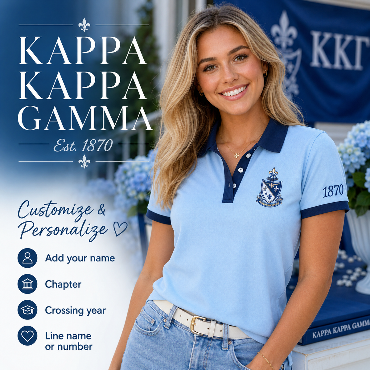 2 Tone Light Blue & Dark Blue Kappa Kappa Gamma Custom Embroidered Polo – Personalized