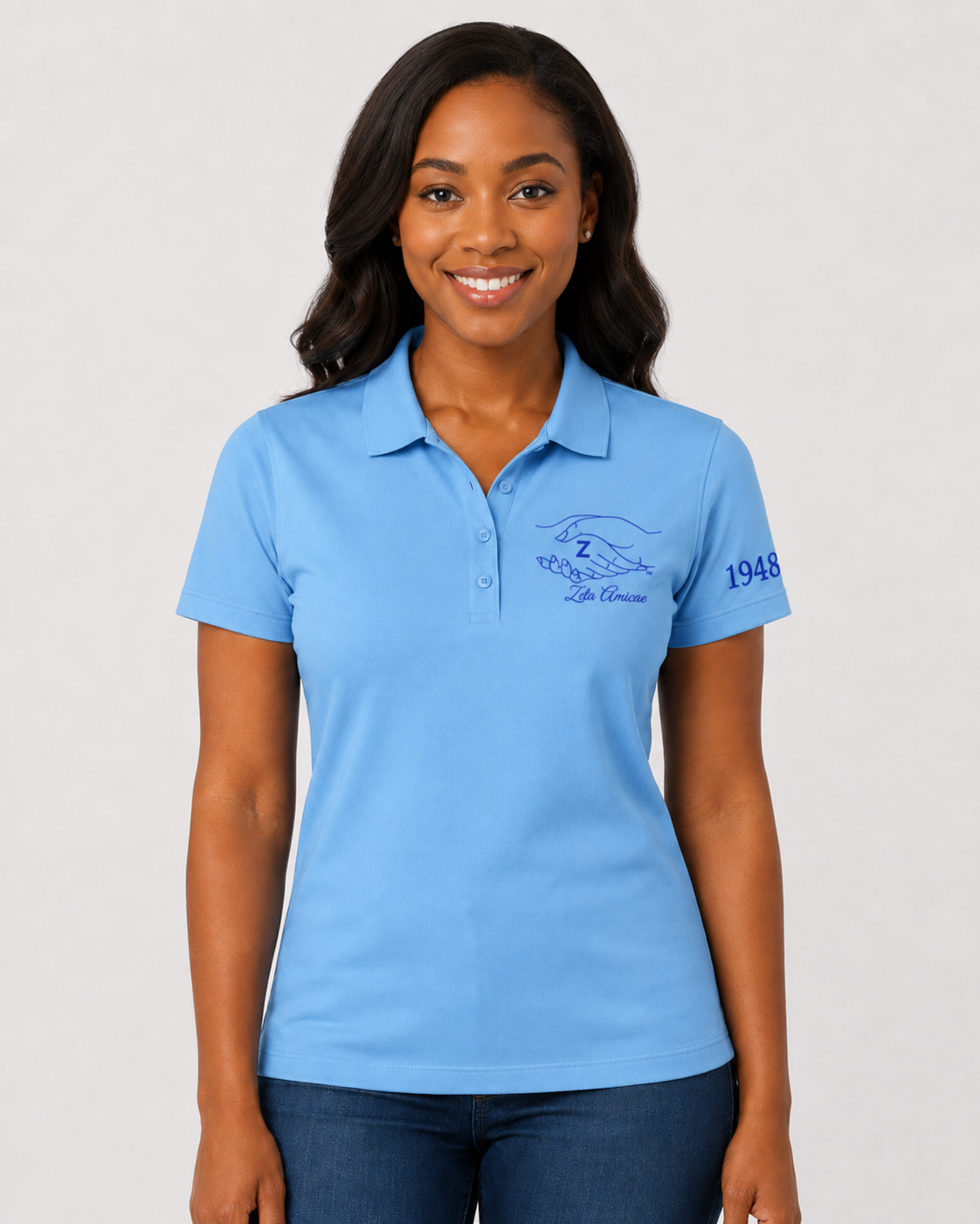 Zeta Amicae Sky Blue Embroidered Polo Shirt – Personalized Auxiliary Polo