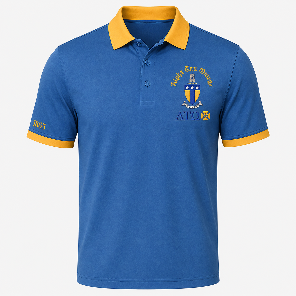 2 Tone Azure Blue & Old Gold Alpha Tau Omega Custom Embroidered Polo Shirt – Personalized