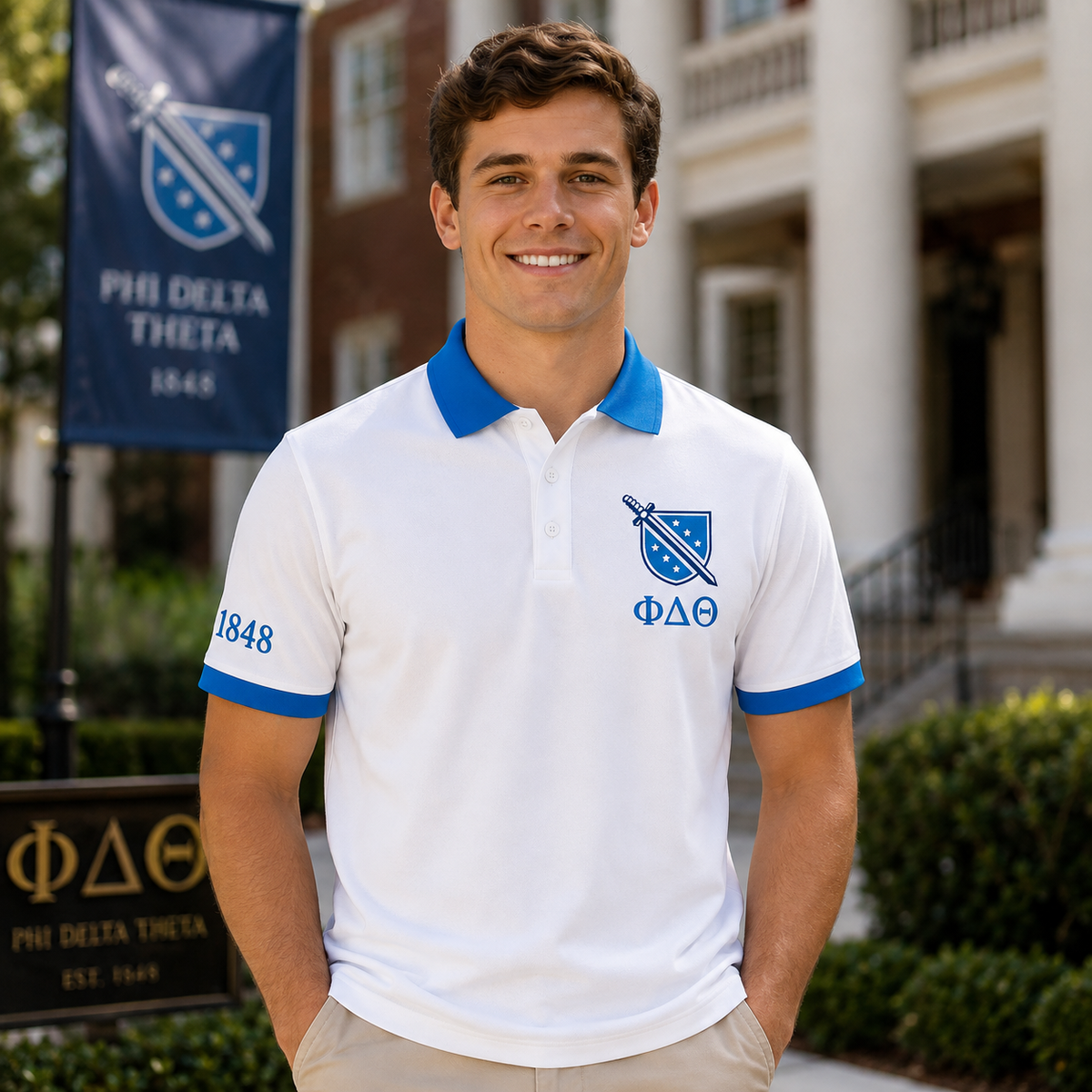 2 Tone Argent White & Azure Blue Phi Delta Theta Custom Embroidered Polo – Personalized