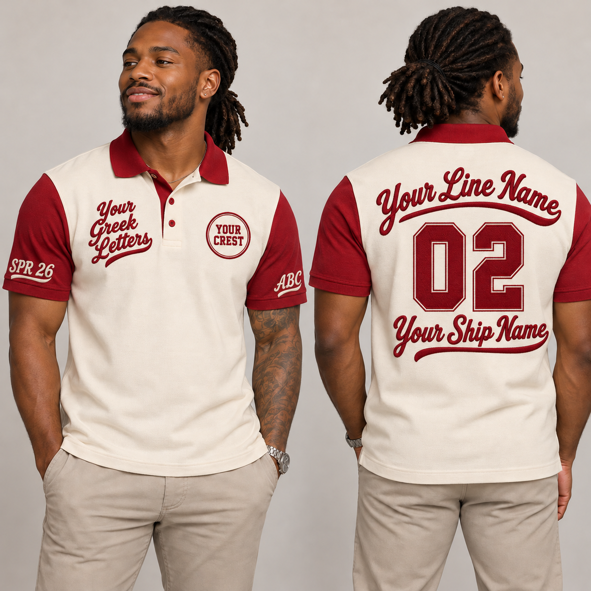 Cream Crimson embroidered chapter polo with crest letters line name number ship name crossing year and chapter initials