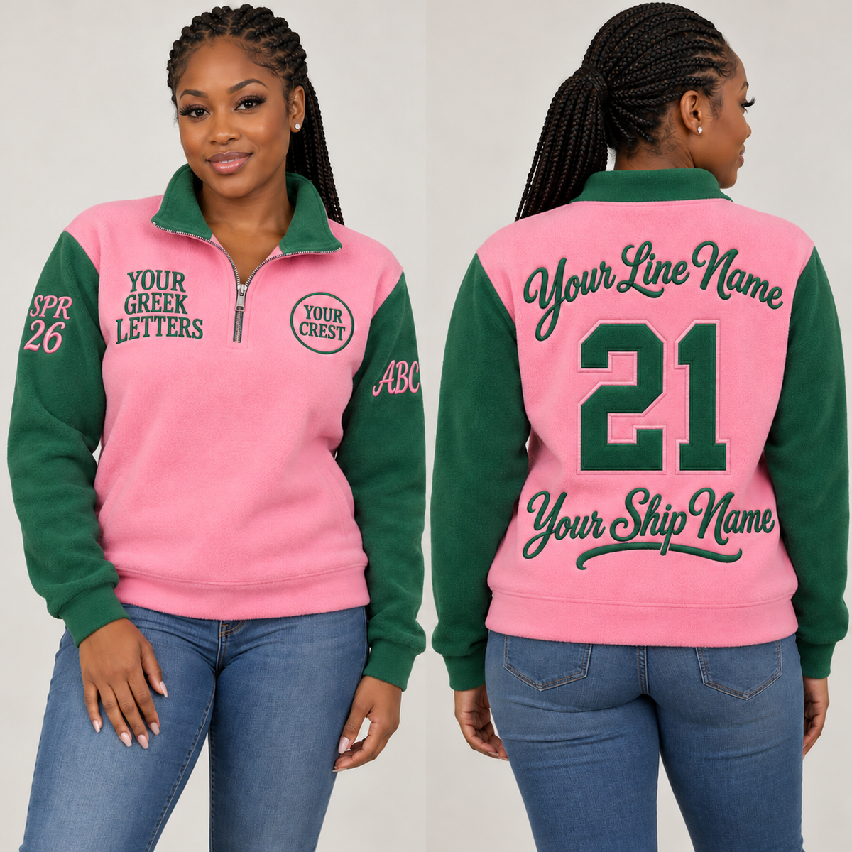Quarter-Zip Sweatshirt Pink Green embroidered line name number ship name front back and sleeves on model