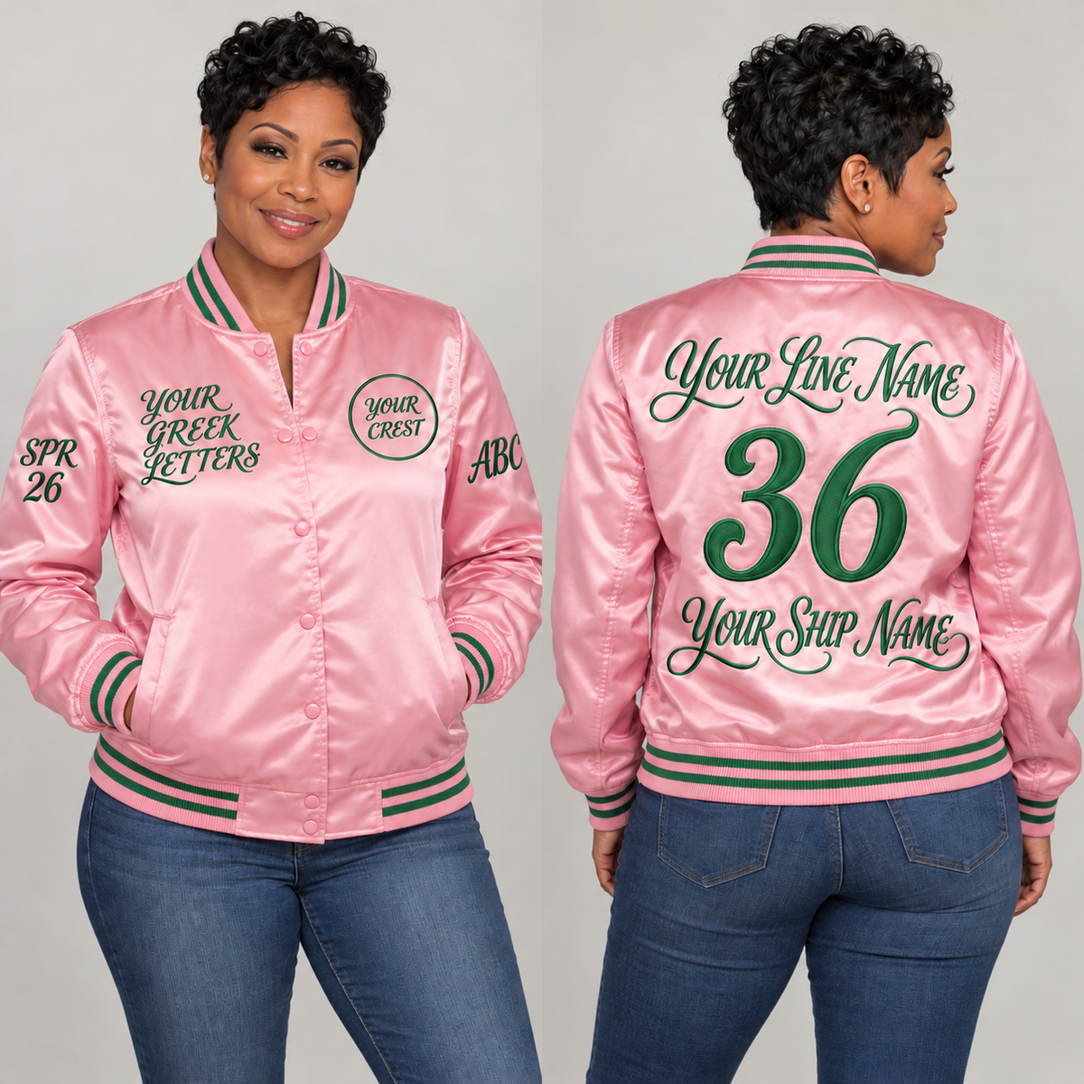 Satin Bomber Jacket Pink Green embroidered line name number ship name front back and sleeves on model