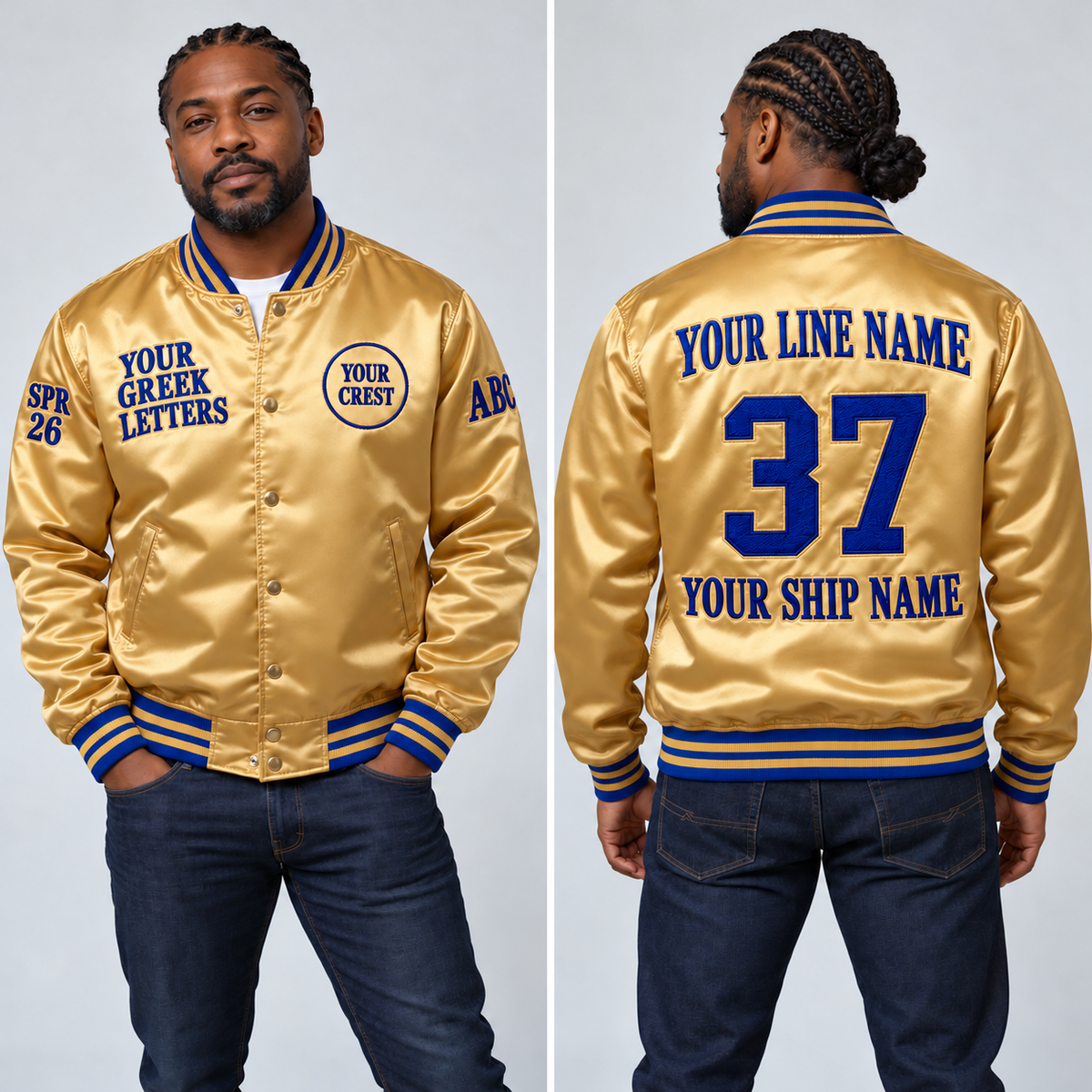 Satin Bomber Jacket Gold Royal Blue embroidered line name number ship name front back and sleeves on model