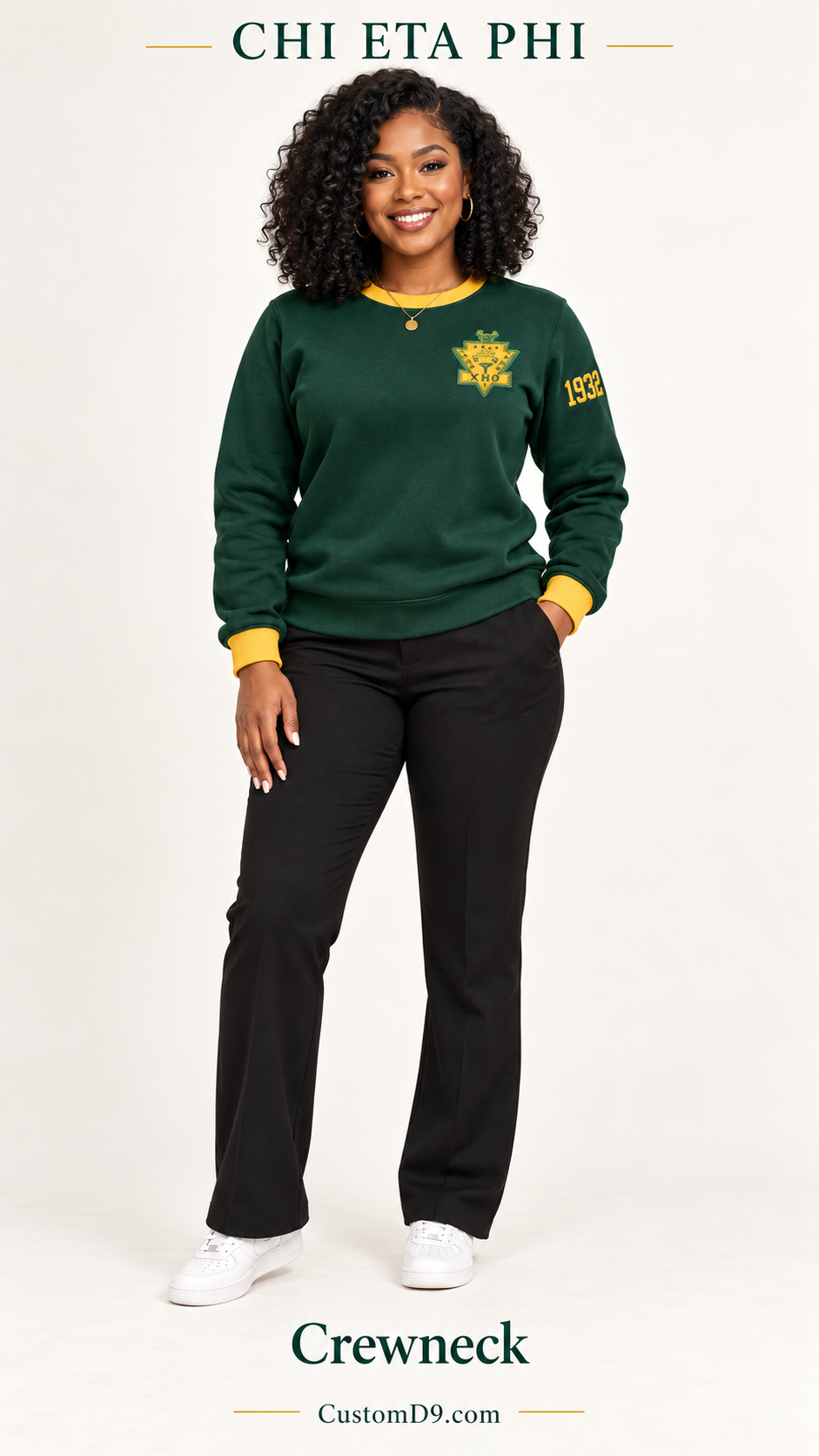 Chi Eta Phi Crewneck dark green gold shield crest version on model
