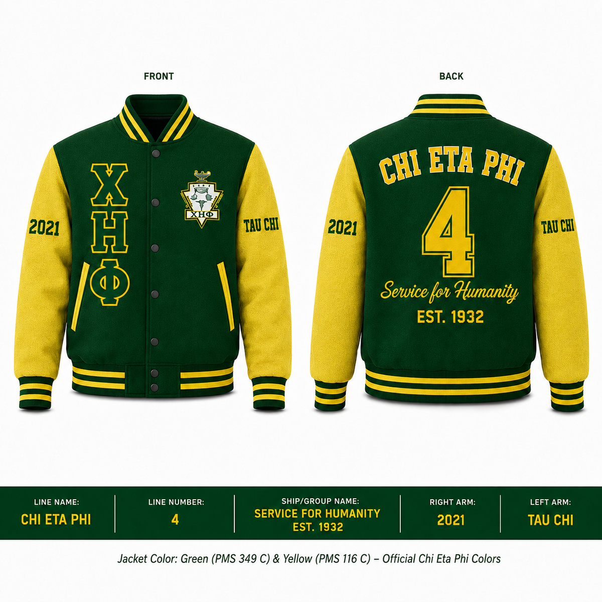 Chi Eta Phi custom green and yellow embroidered varsity jacket front and back