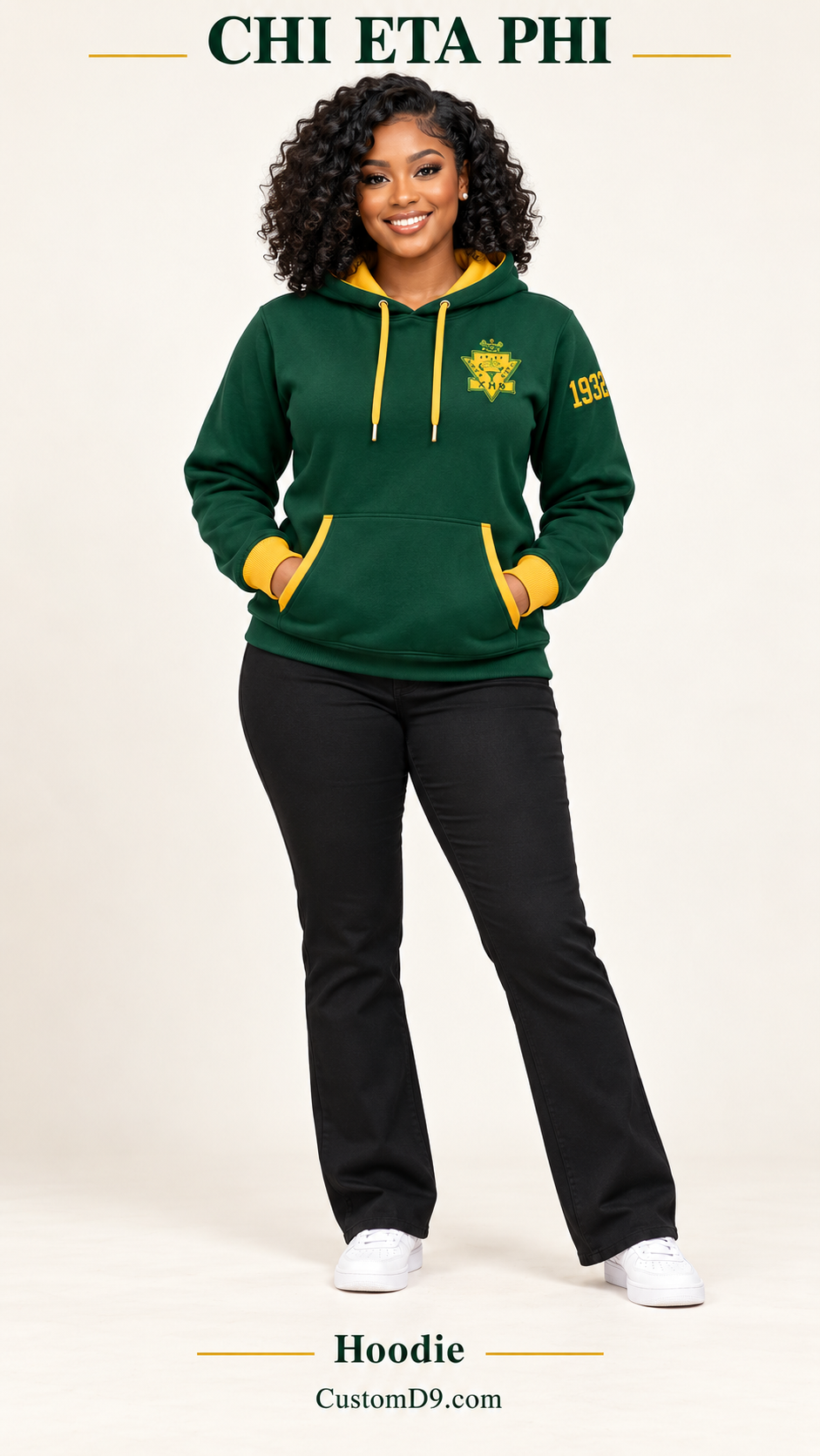Chi Eta Phi Hoodie dark green gold shield crest version on model
