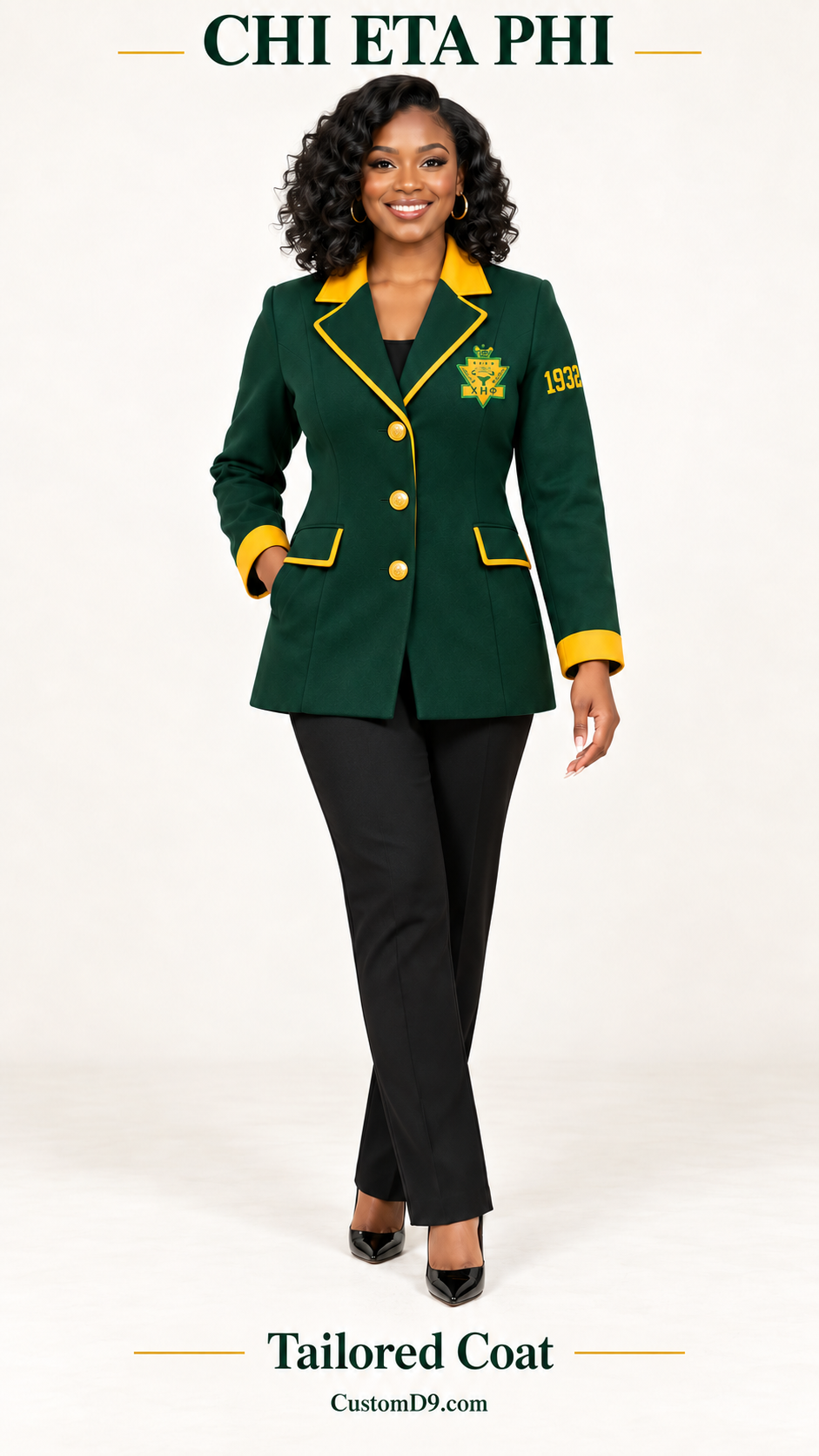 Chi Eta Phi Short Tailored Coat dark green gold shield crest version on model