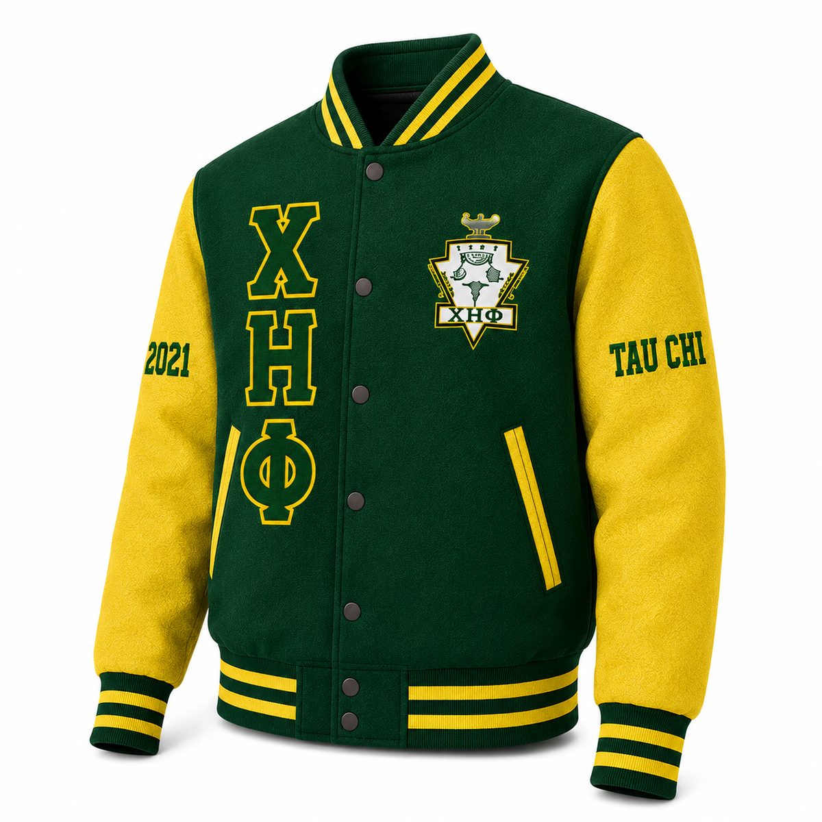 Angled view of Chi Eta Phi green and yellow custom varsity jacket