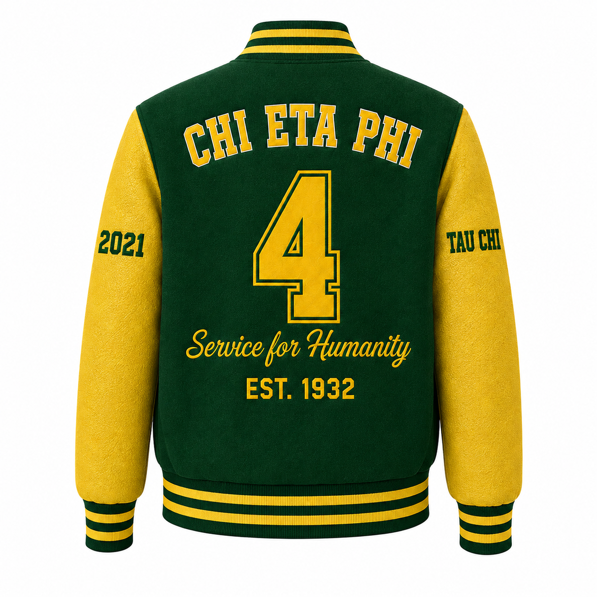 Back view of Chi Eta Phi personalized embroidered varsity jacket
