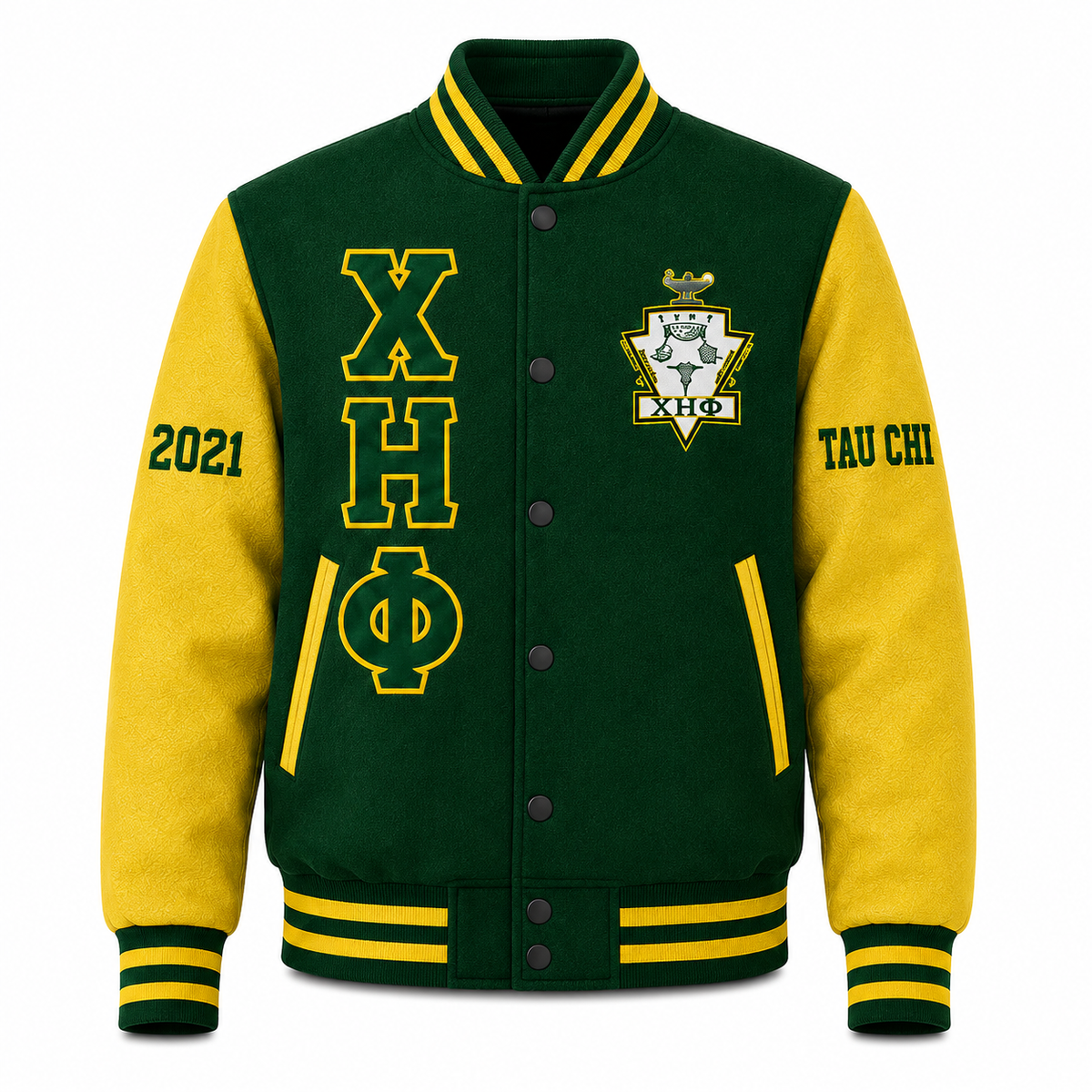 Front view of Chi Eta Phi custom embroidered wool varsity jacket
