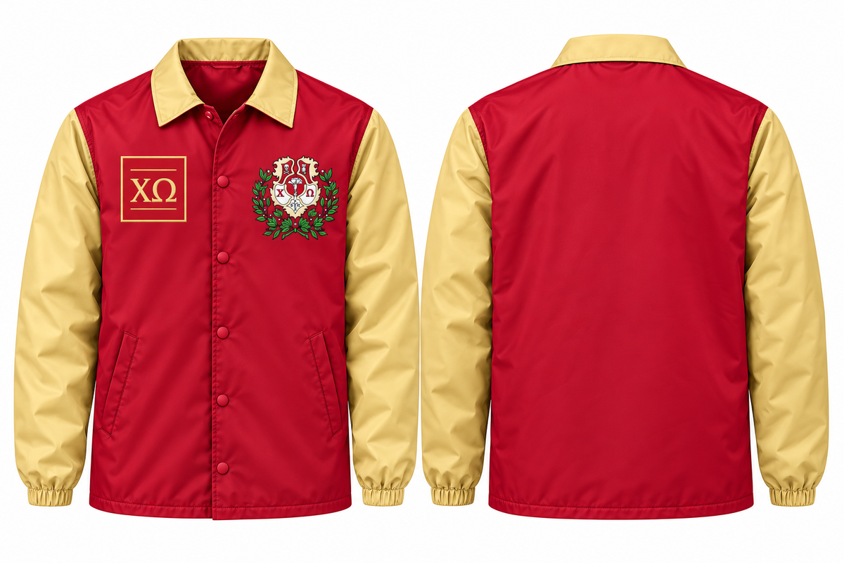 Chi Omega Custom Embroidered Coach Line Jacket, Cardinal & Straw Contrast Sleeves