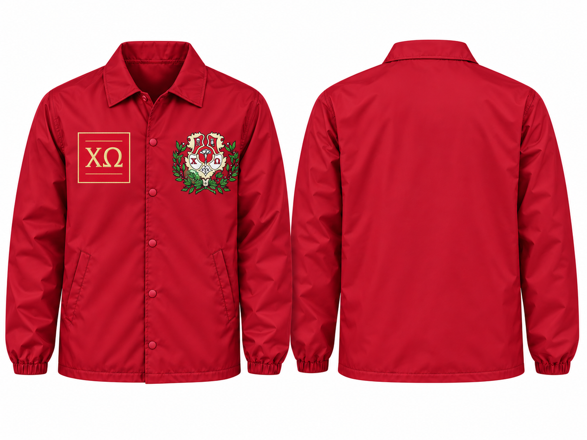 Chi Omega Custom Embroidered Coach Line Jacket, Solid Cardinal