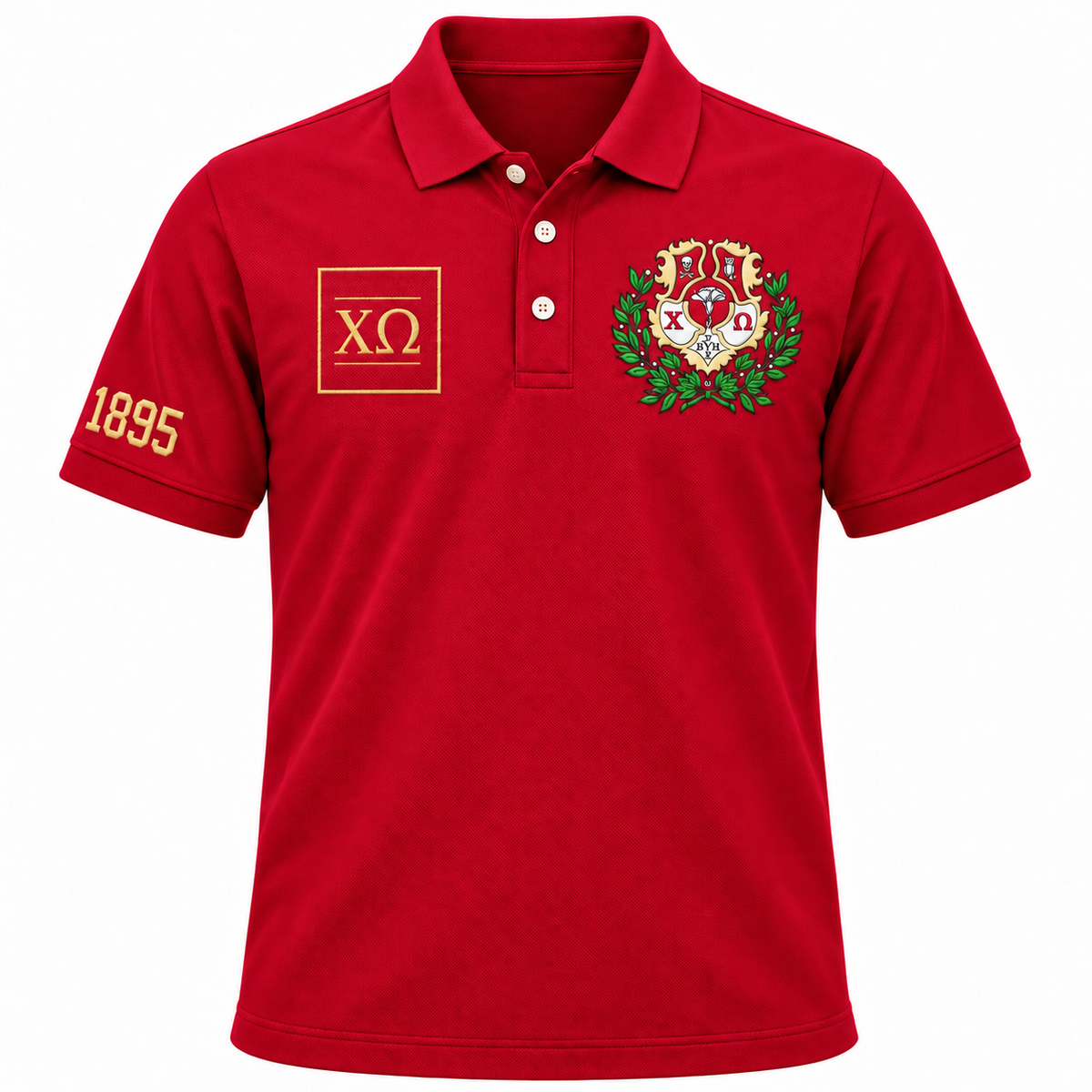 Chi Omega Crest, Greek Letters & 1895 Embroidered Polo Shirt, Solid Cardinal