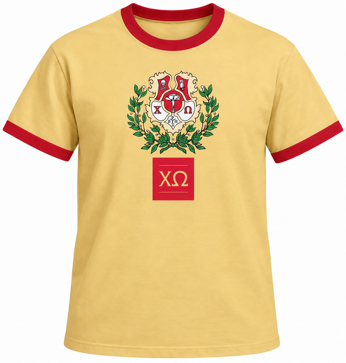 Chi Omega Printed T-Shirt, Straw & Cardinal Contrast