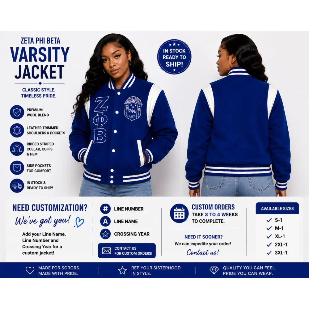 Custom Zeta Phi Beta Leather Wool Varsity Jacket front and back personalized product display