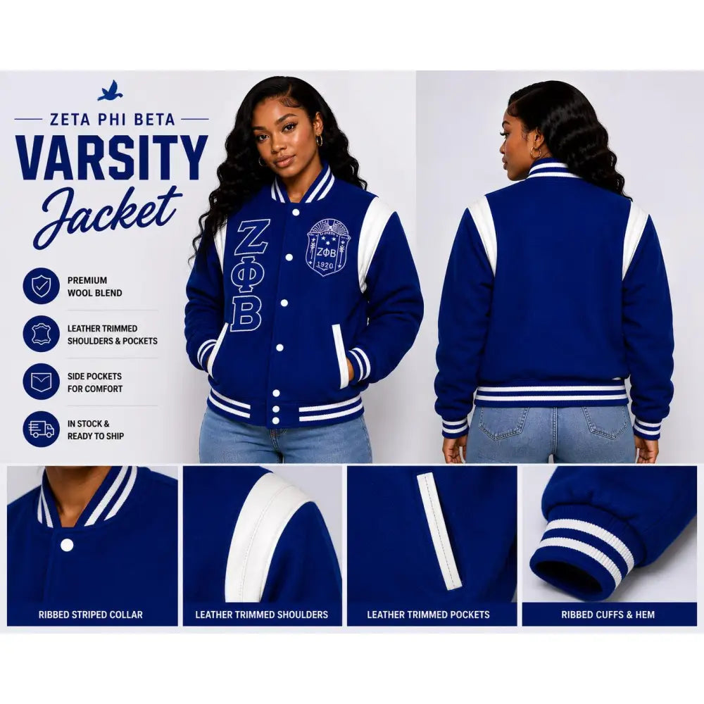 Custom Zeta Phi Beta Leather Wool Varsity Jacket sleeve view with chapter and crossing year details