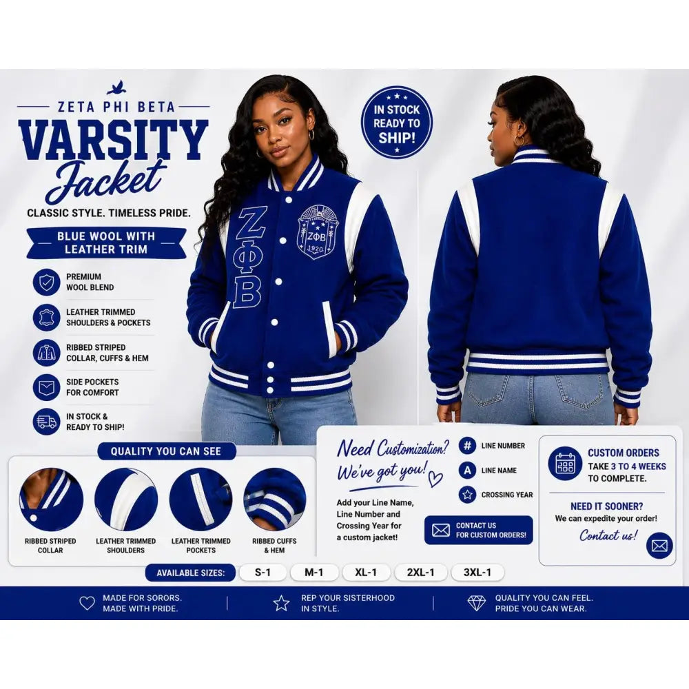 Custom Zeta Phi Beta Leather Wool Varsity Jacket front view with personalized royal blue and white design