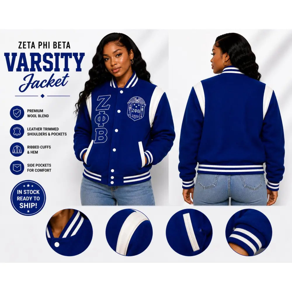 Custom Zeta Phi Beta Leather Wool Varsity Jacket back view with custom line name and number