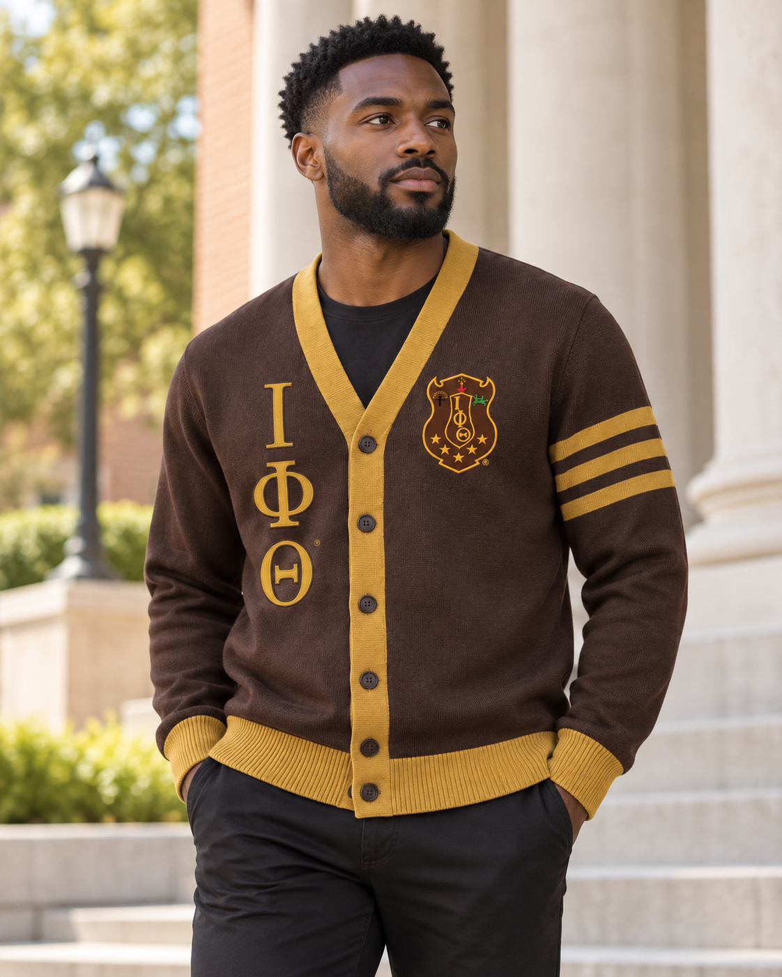 Officially licensed Iota Phi Theta brown and gold cardigan model image
