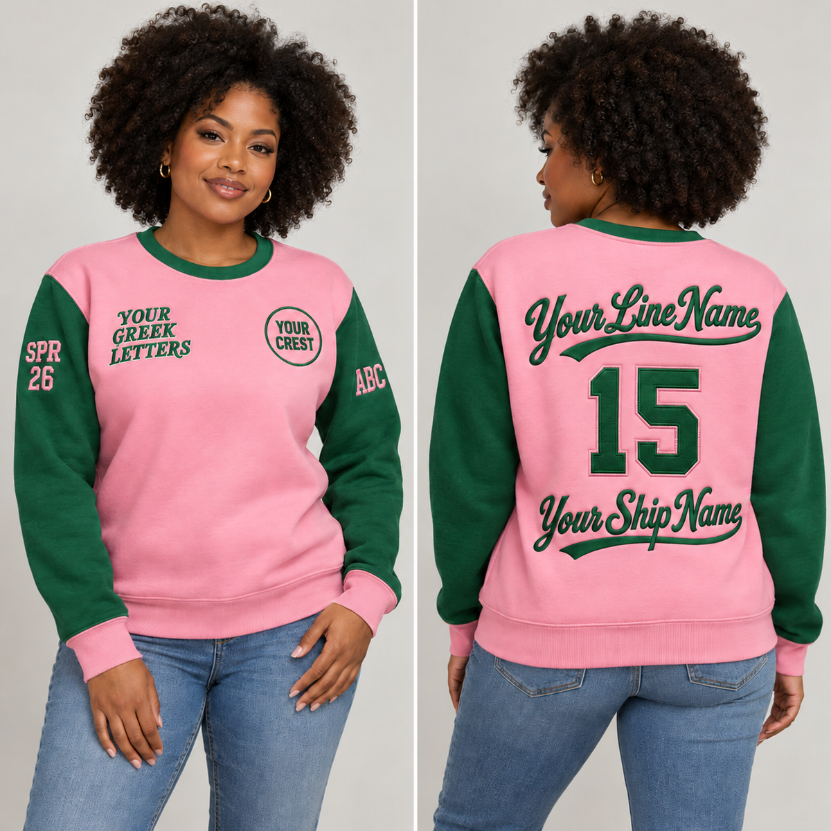 Embroidered chapter sweatshirt front and back on model with line name number ship name and correct crossing year chapter sleeve details