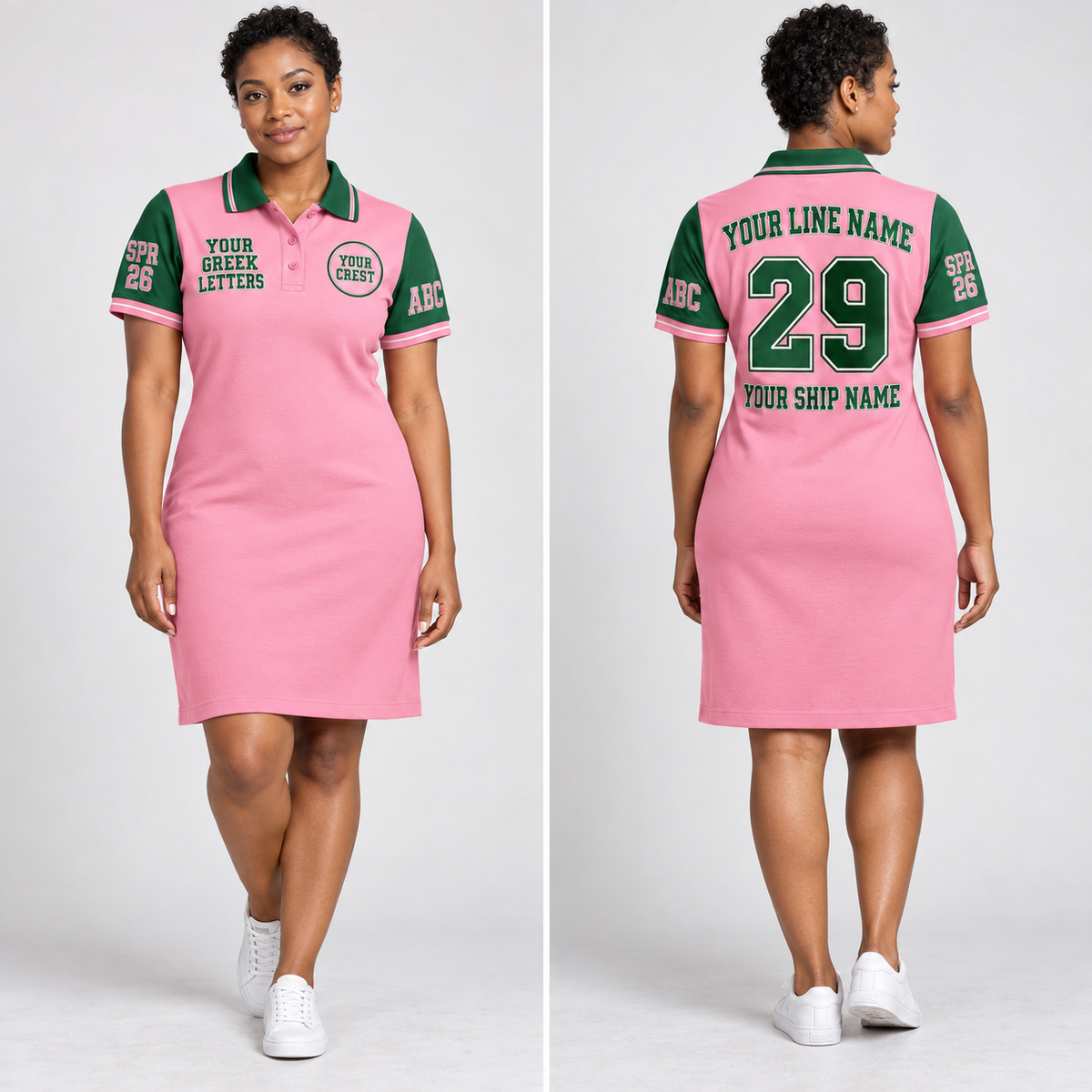 Polo Dress Pink Green embroidered line name number ship name front back and sleeves on model