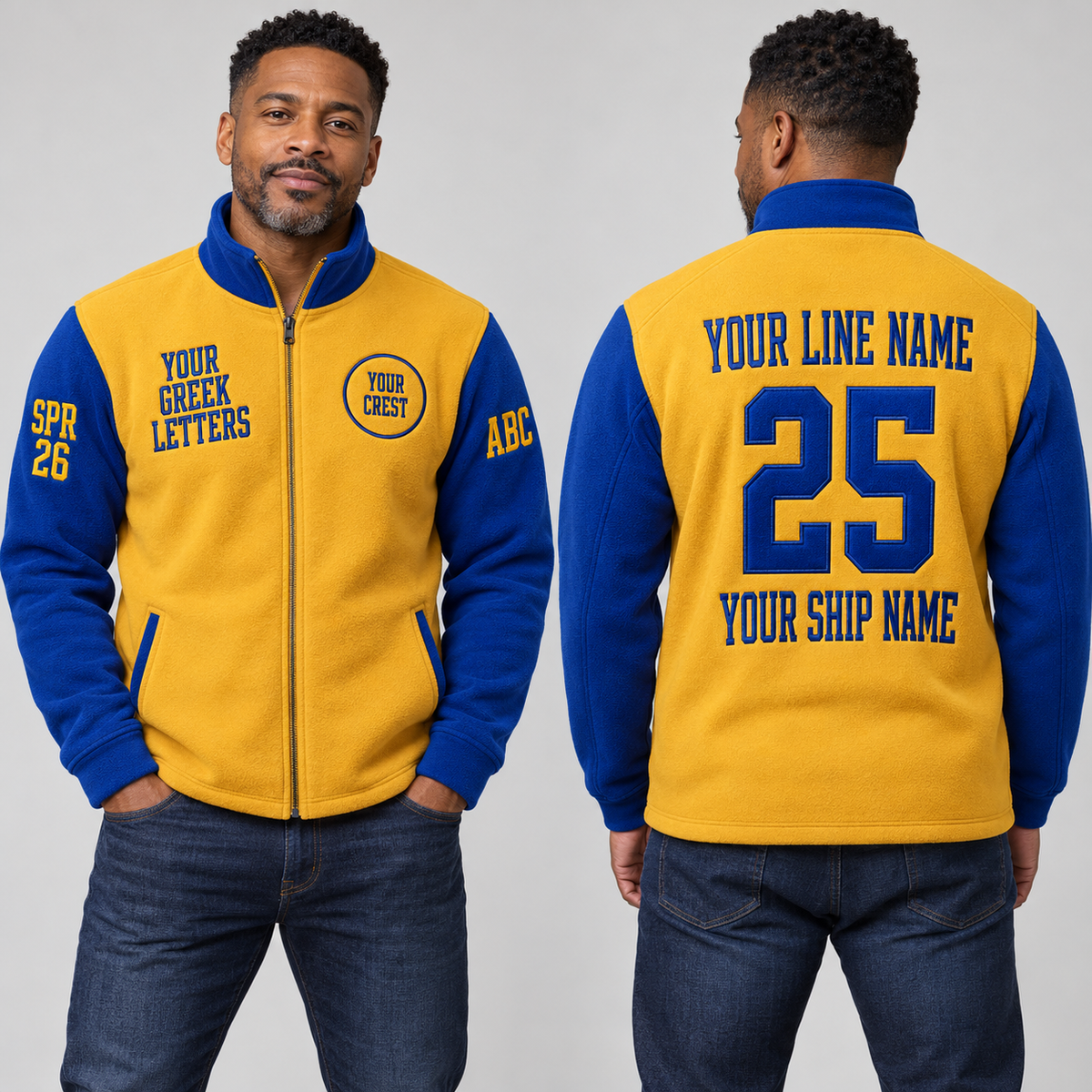 Full-Zip Sweatshirt Gold Royal Blue embroidered line name number ship name front back and sleeves on model