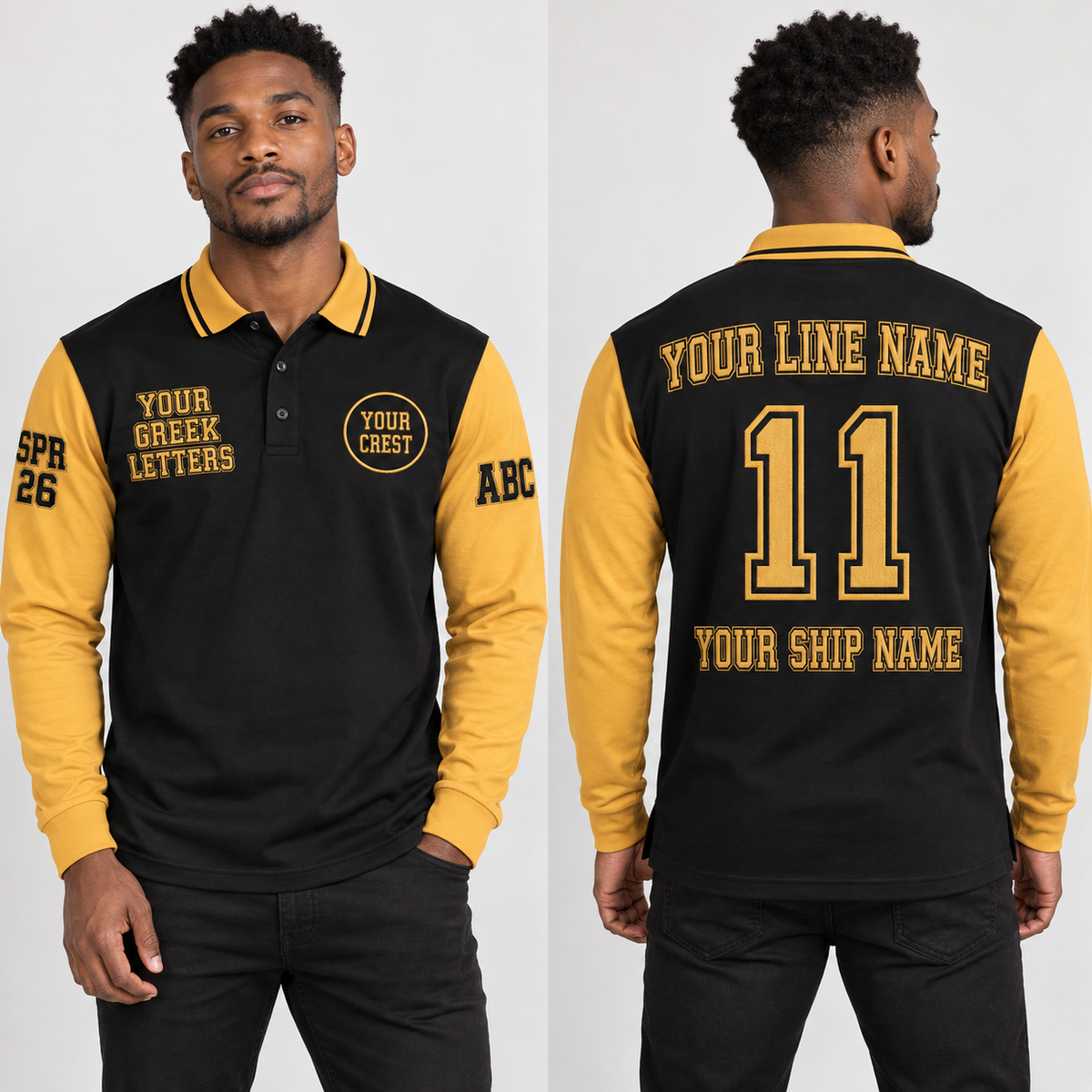 Long-Sleeve Polo Black Gold embroidered line name number ship name front back and sleeves on model