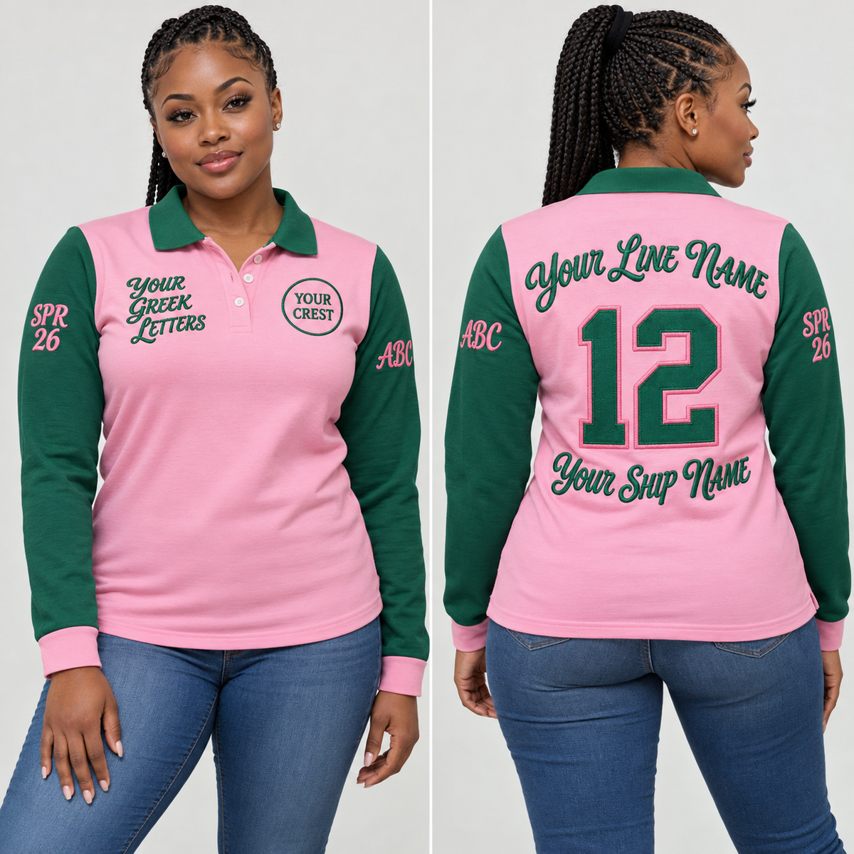 Long-Sleeve Polo Pink Green embroidered line name number ship name front back and sleeves on model