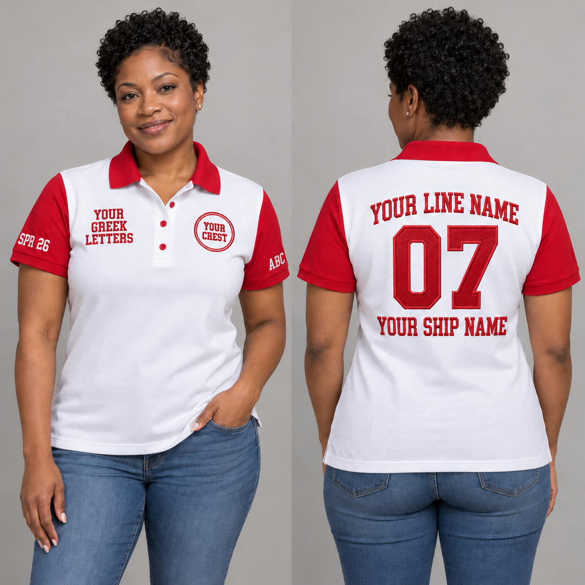 Custom chapter embroidered front and back model views with line name number ship name crest letters and correct crossing year and chapter initials