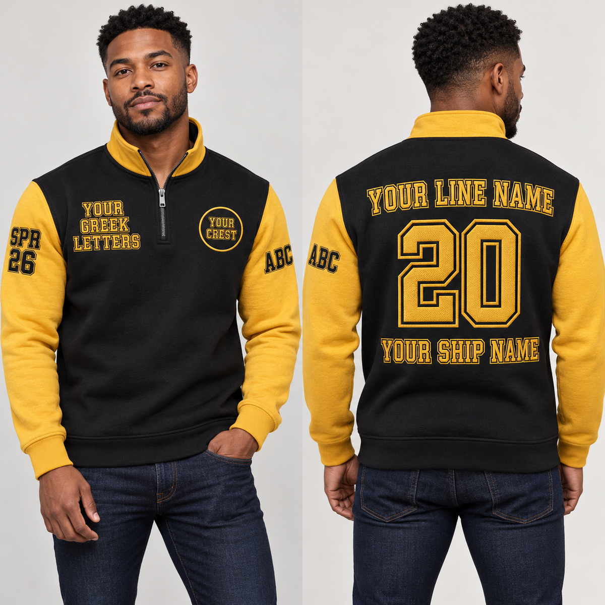 Quarter-Zip Sweatshirt Black Gold embroidered line name number ship name front back and sleeves on model