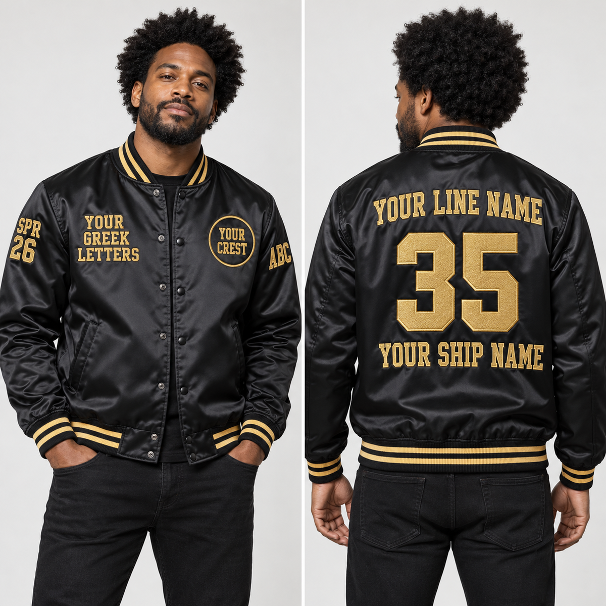 Satin Bomber Jacket Black Gold embroidered line name number ship name front back and sleeves on model