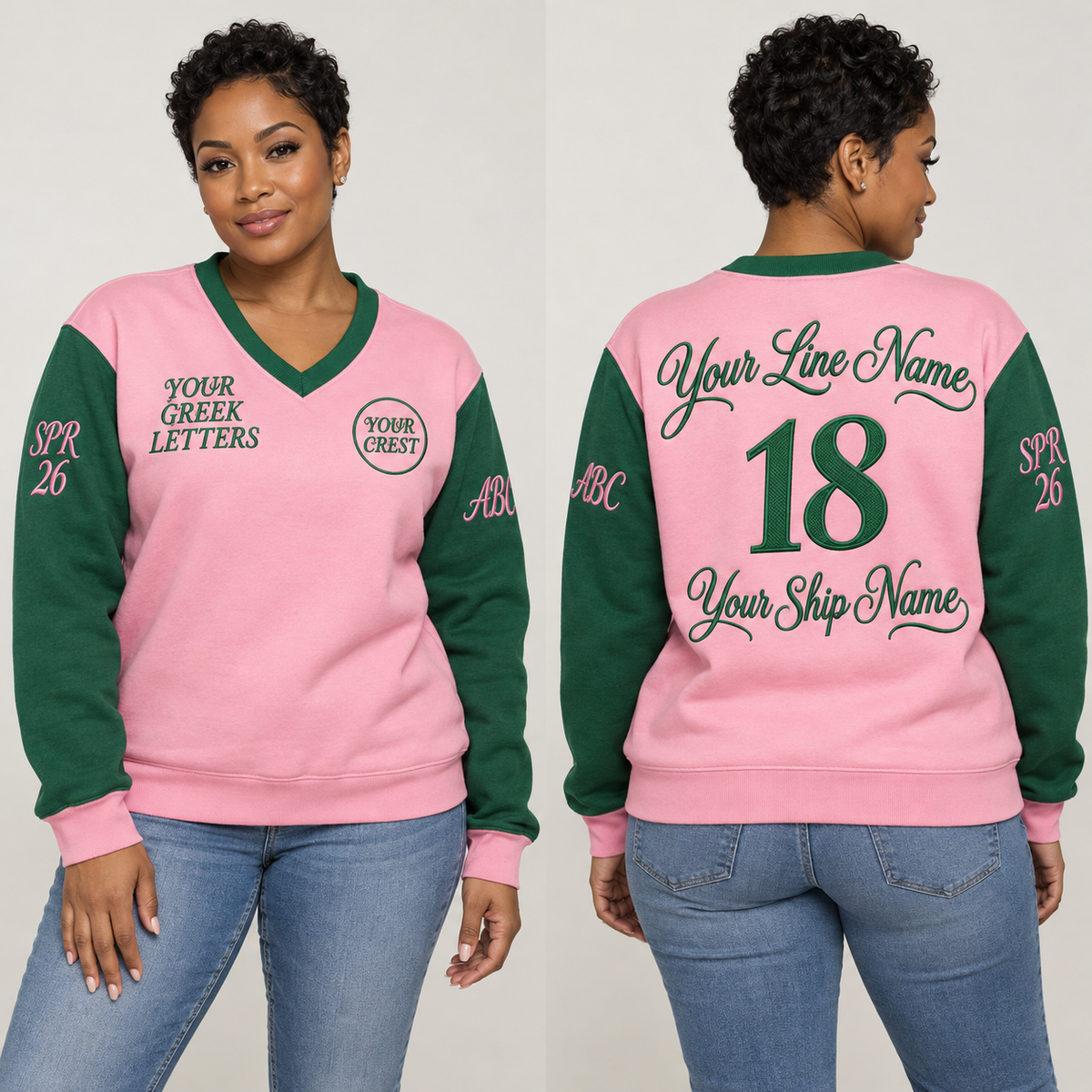 V-Neck Sweatshirt Pink Green embroidered line name number ship name front back and sleeves on model