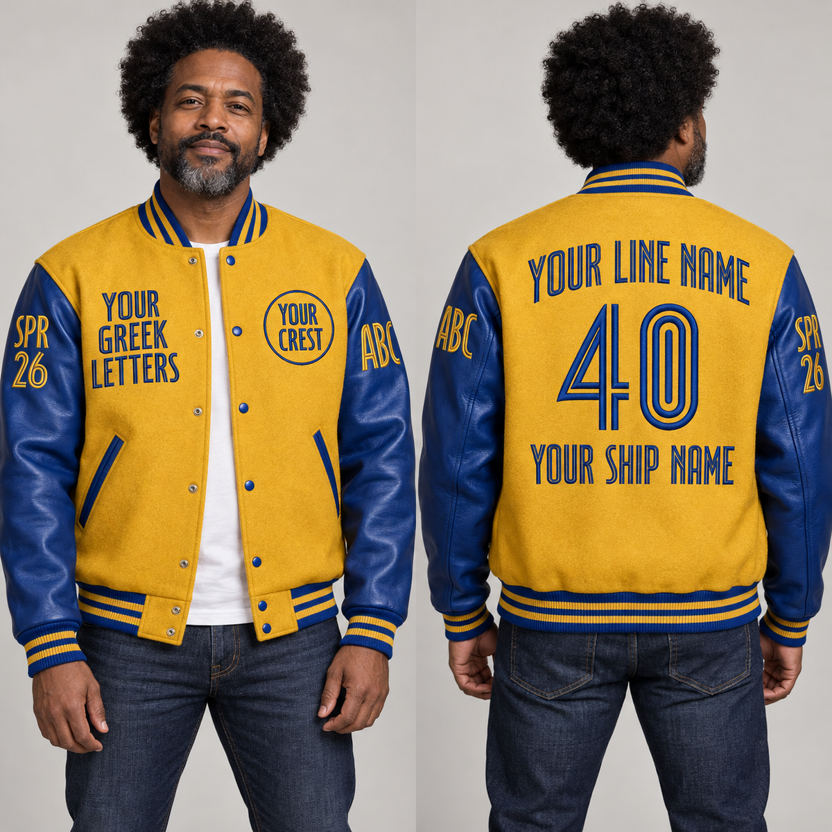 Wool Varsity Jacket Gold Royal Blue embroidered line name number ship name front back and sleeves on model